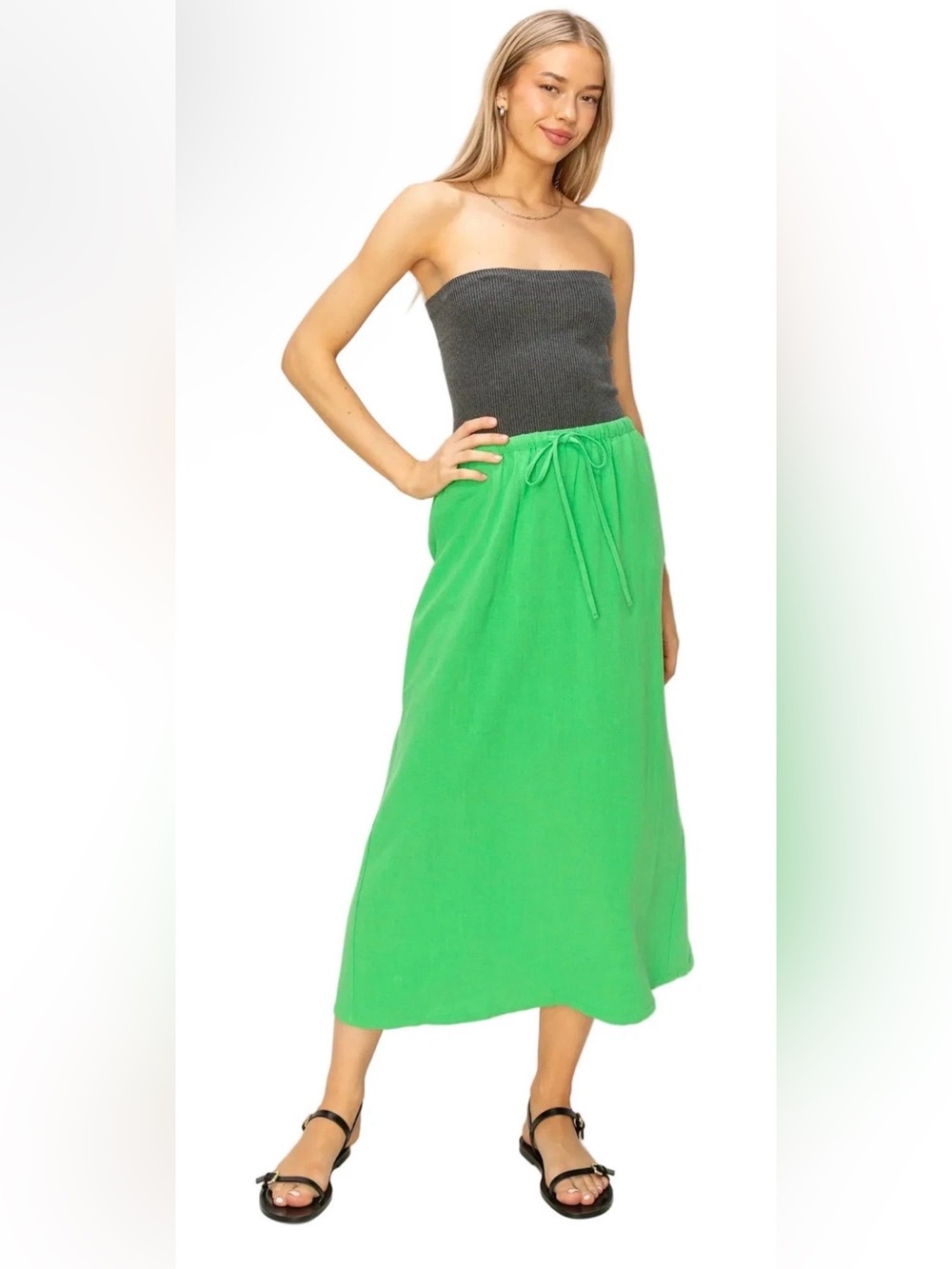 Boutique Collection Women's Green Midi Skirt with Back Slit Linen